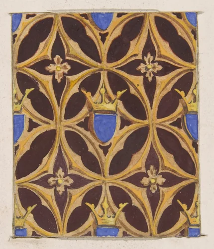 Design for wallpaper featuring blue shields surmouted by crowns by Jules-Edmond-Charles Lachaise, drawing, 1830-1897