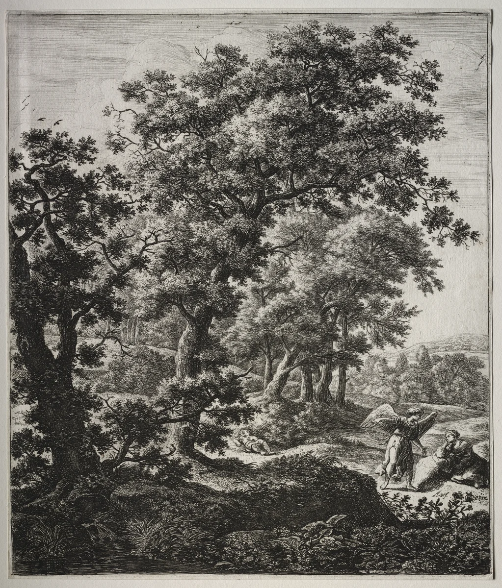 Six large upright landscapes with scenes from the Old Testament: Hagar comforted by the Angel by Anthonie Waterloo, print, 1640-1690