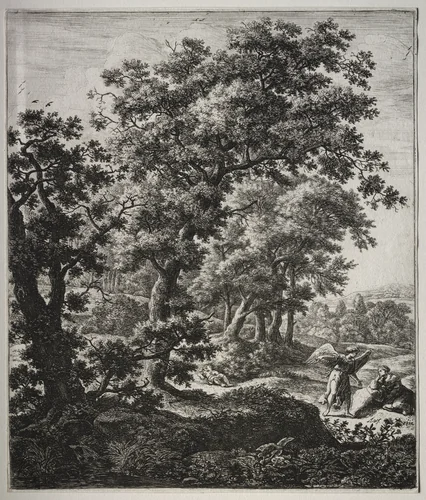 Six large upright landscapes with scenes from the Old Testament: Hagar comforted by the Angel by Anthonie Waterloo, print, 1640-1690