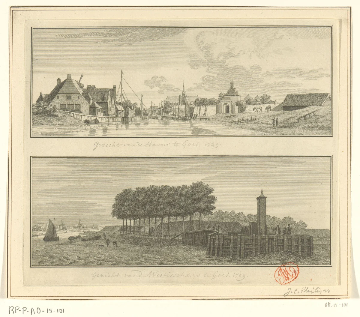 Gezicht op Goes, 1743 / Gezicht op de haven en Westerschans te Goes, 1743 by Jan Caspar Philips, print, 1743-1753