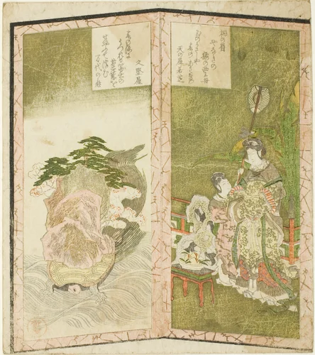 Seiobo (Queen Mother of the West) and tortoise, from an untitled hexaptych depicting a pair of folding screens by Ryuryukyo Shinsai, print, 1820-1830