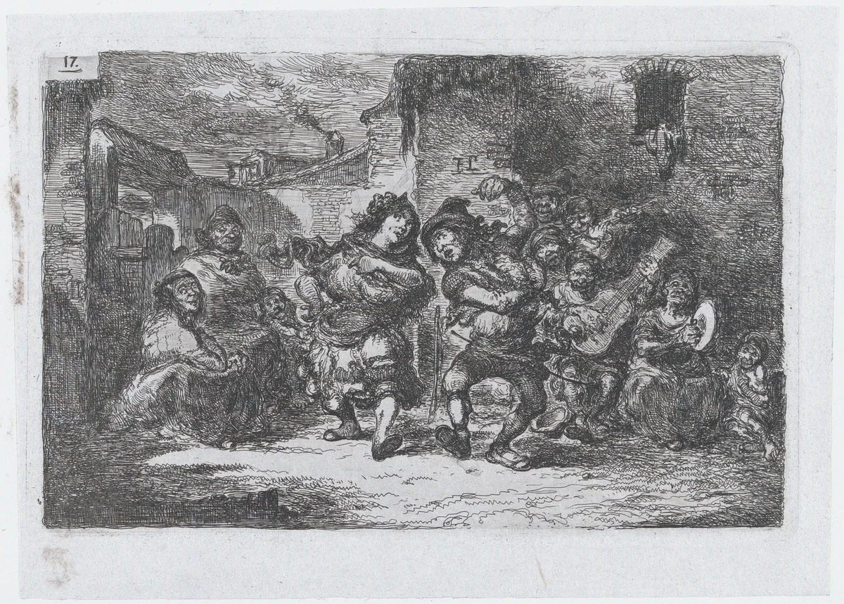Plate 17: street musicians and dancing figures, from the series of customs and pastimes of the Spanish people by Francisco Lameyer, print, 1850