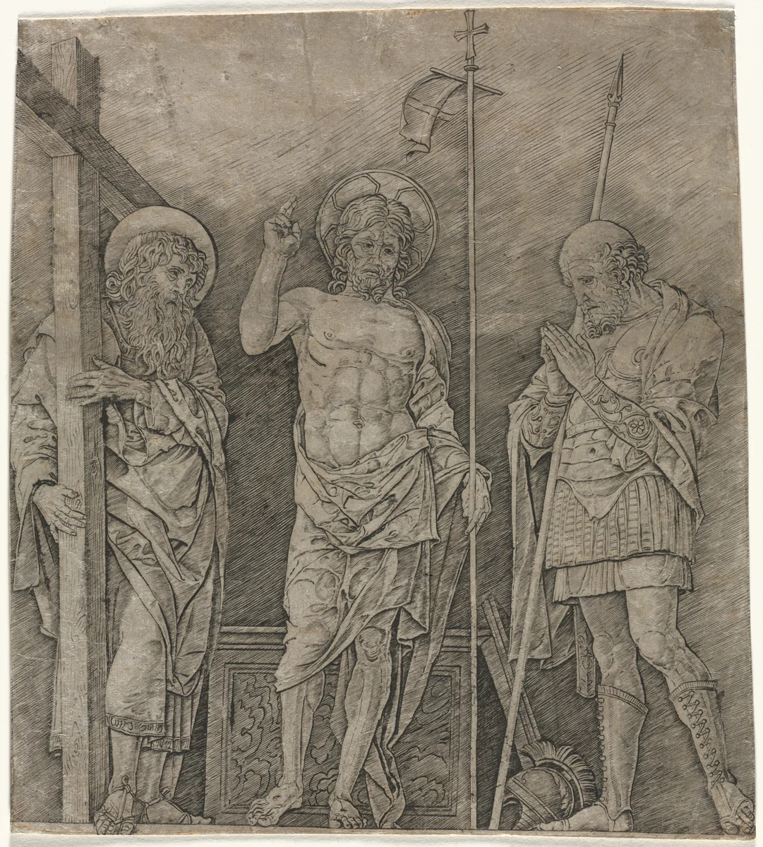 The Risen Christ between St Andrew and Longinus by Andrea Mantegna, print, 1470-1475