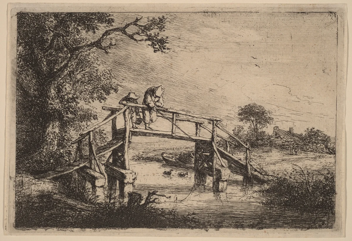 Landscape with a Bridge and Two Fishermen by Adriaen van Ostade, print, 1647-1657