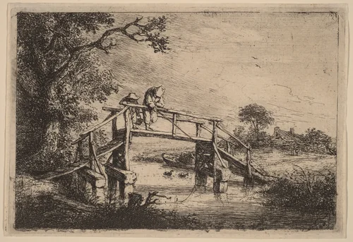 Landscape with a Bridge and Two Fishermen by Adriaen van Ostade, print, 1647-1657