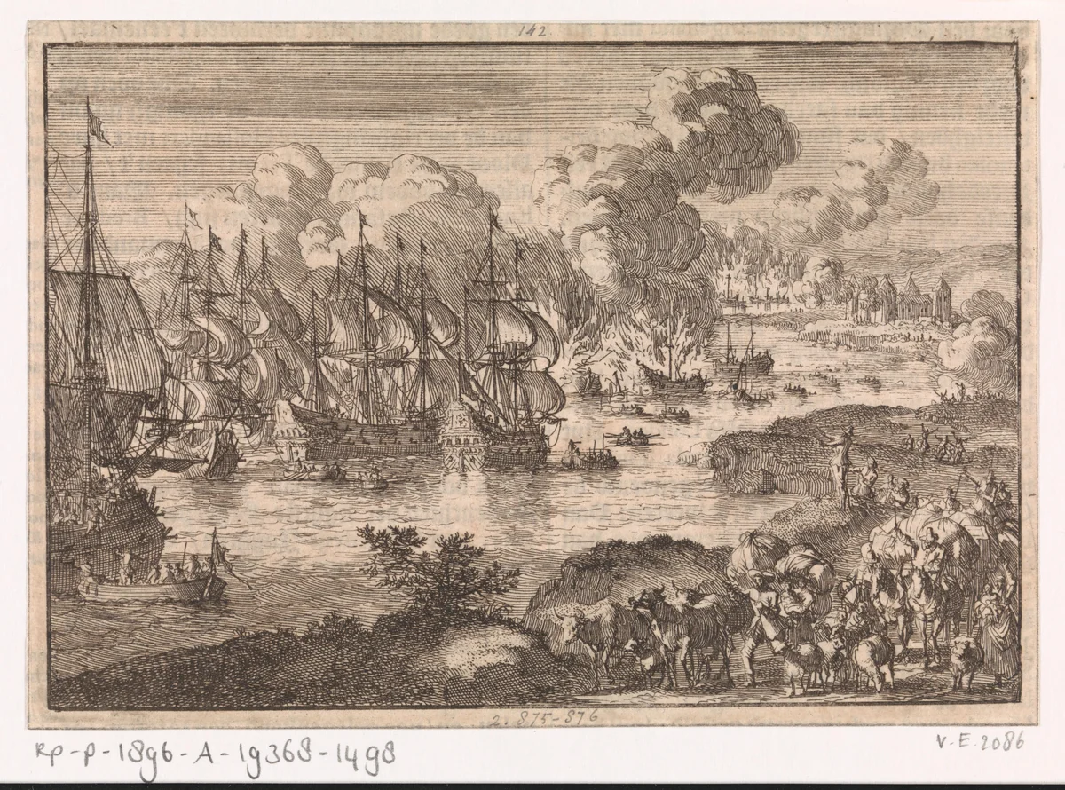 Tocht naar Chatham, 1667 by Jan Luyken, print, 1698