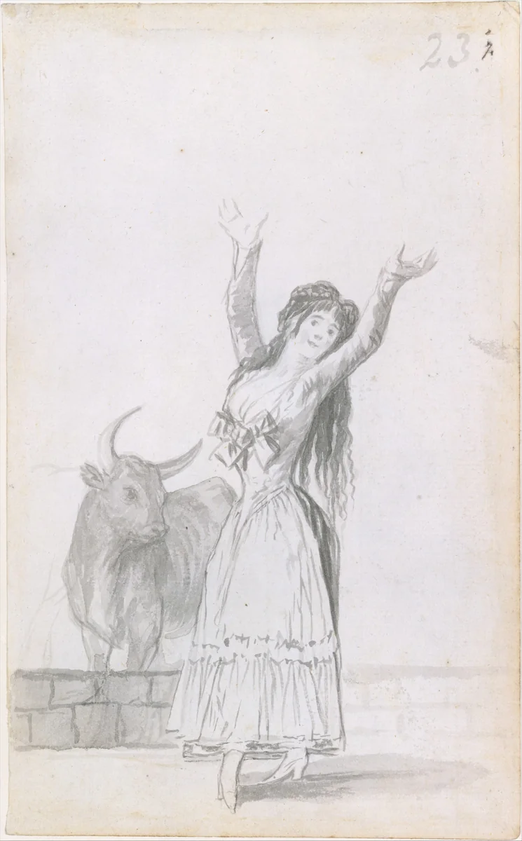A young woman dancing, her arms raised, a bull in the background; folio 23 (recto) from the Madrid Album "B" by Goya, drawing, 1796-1797