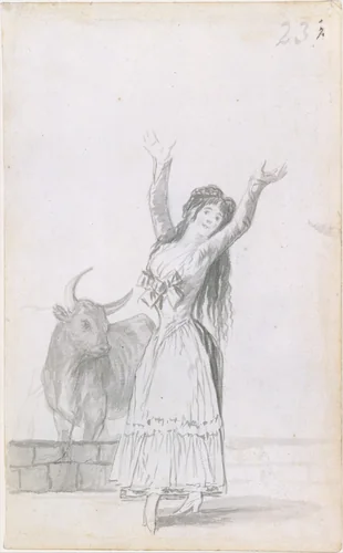 A young woman dancing, her arms raised, a bull in the background; folio 23 (recto) from the Madrid Album "B" by Goya, drawing, 1796-1797