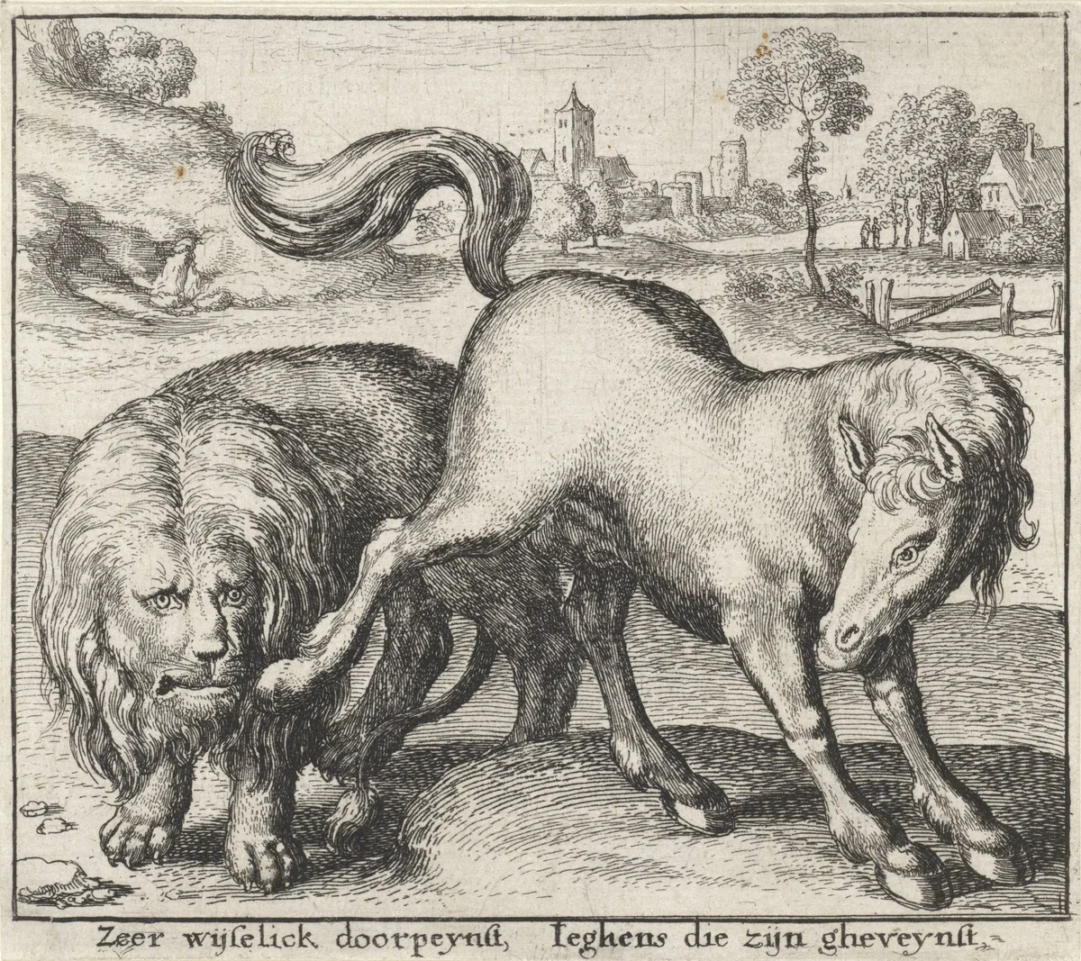 Fabel van de leeuw en de hengst by Wenceslaus Hollar, print, 1644-1652