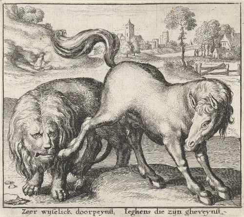 Fabel van de leeuw en de hengst by Wenceslaus Hollar, print, 1644-1652