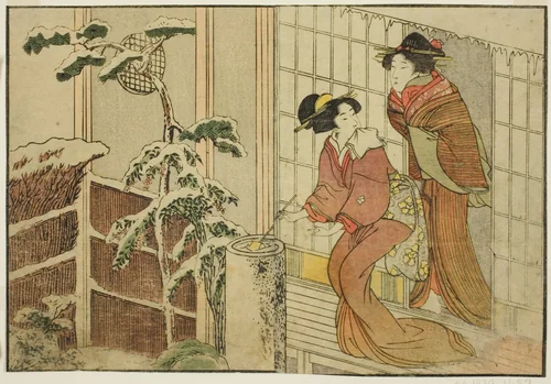 Two Women on Verandah on a Snowy Morning, from the illustrated book "Picture Book: Flowers of the Four Seasons (Ehon shiki no hana)," vol. 2 by Kitagawa Utamaro (喜多川歌麿), print, 1801