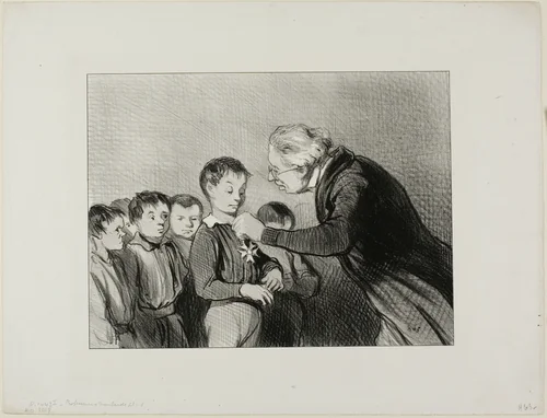 “- Mr. Alfred Cabassol! You are the only one in the class who succeeded to get through the entire week without blowing your nose into your sleeve. Please stand to receive this prize of honour for cleanliness,” plate 6 from Professeurs Et Moutards by Honoré-Victorin Daumier, print, 1846