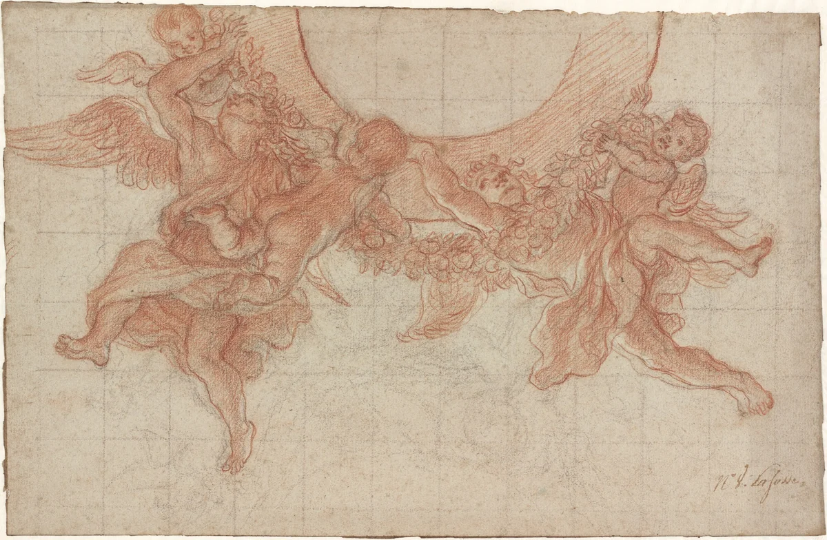 Angels and Putti Flying with a Garland: Design for a Ceiling by Charles de La Fosse, drawing, 1670-1680