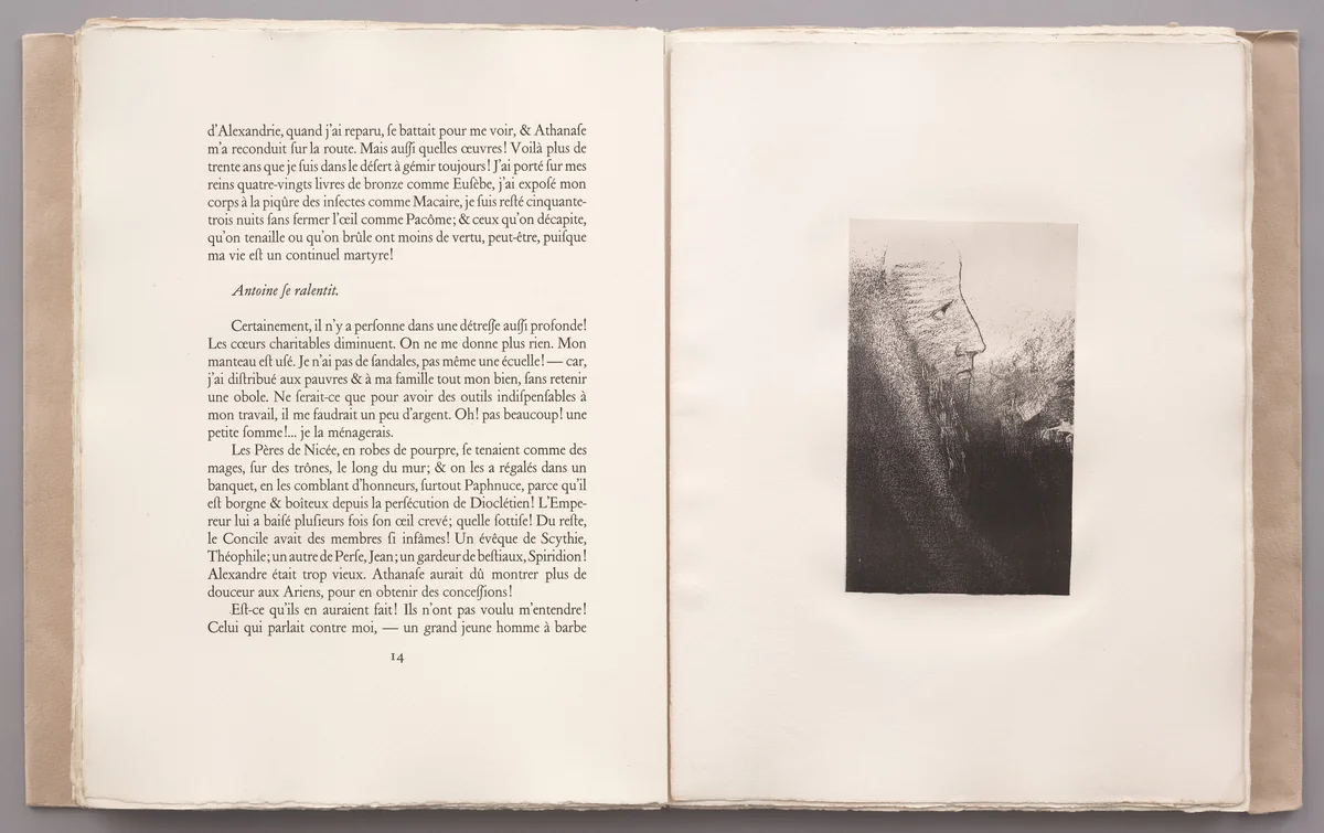 Saint Anthony: Help Me, O My God! (Saint-Antoine: Au secours mon dieu!) (plate II) from La Tentation de Saint-Antoine by Odilon Redon, illustrated book, 1896