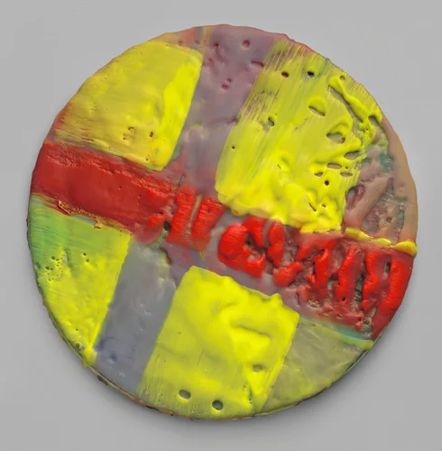 Red Zip on Purple Cross by Lynda Benglis, painting, 1993-1994