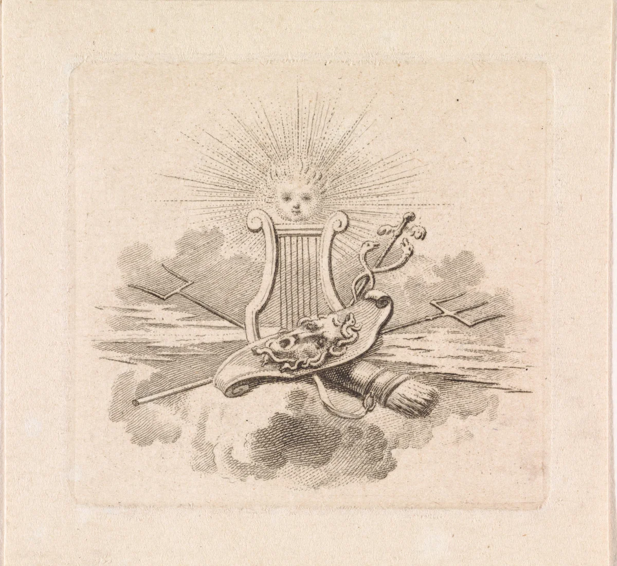Allegorie met een lier, een schild met het hoofd van Medusa, de mercuriusstaf, een pijlenbundel en bliksem by Reinier Vinkeles, print, 1751-1816