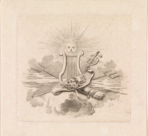 Allegorie met een lier, een schild met het hoofd van Medusa, de mercuriusstaf, een pijlenbundel en bliksem by Reinier Vinkeles, print, 1751-1816