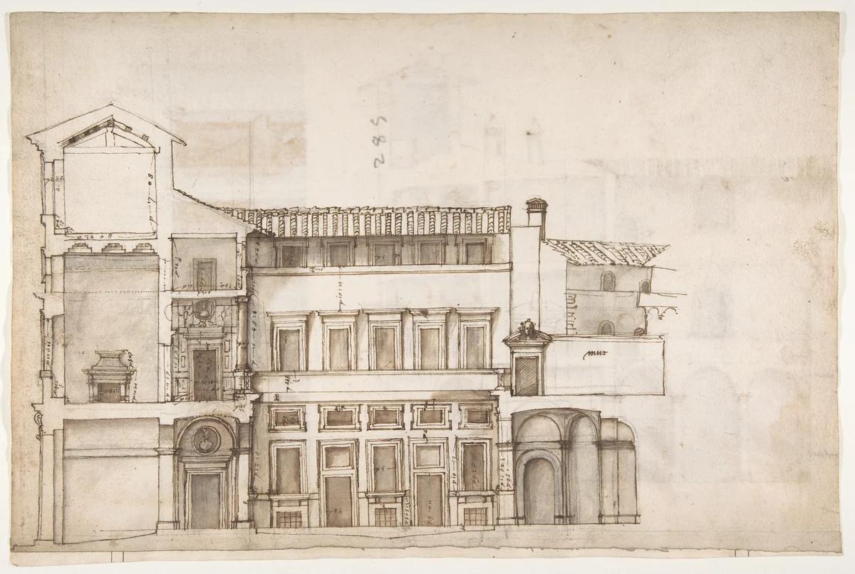 Palazzo Pirro in Rome, section (recto) Palazzo Pirro in Rome, sections; profiles (verso) by anonymous, drawing, 1500-1560