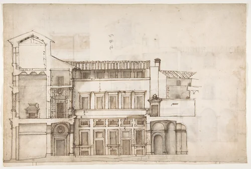 Palazzo Pirro in Rome, section (recto) Palazzo Pirro in Rome, sections; profiles (verso) by anonymous, drawing, 1500-1560