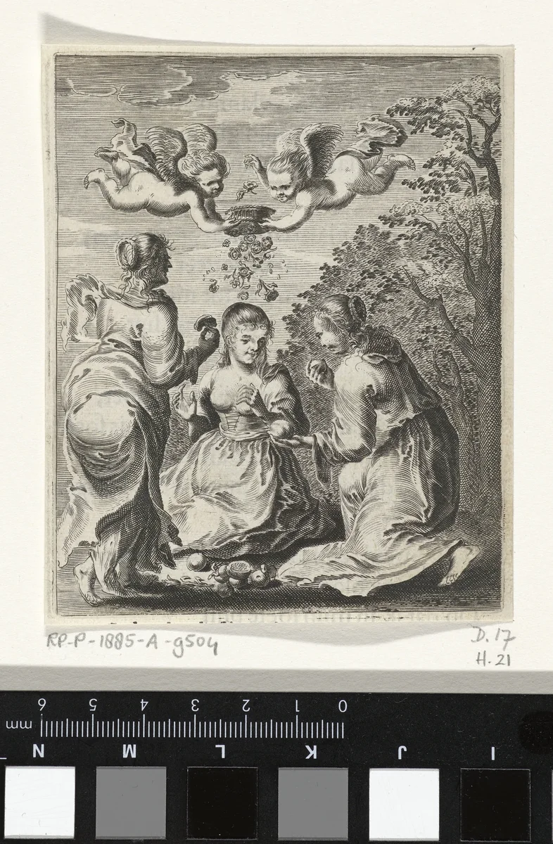 Vrouwen tussen appels en rozen van liefde by Pieter Nolpe, print, 1640