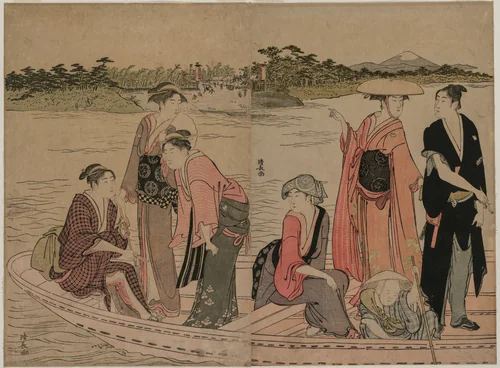 Passengers in a Ferry Boat on the Sumida River by Torii Kiyonaga (鳥居清長), print, 1784