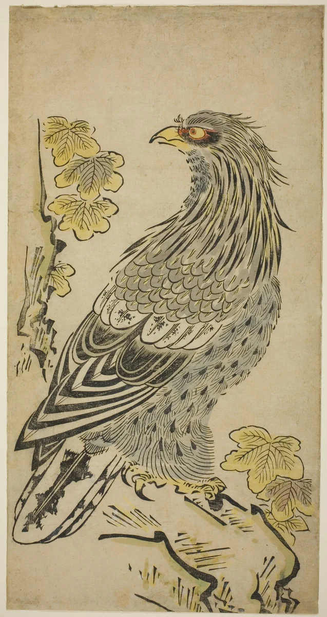 A Hawk on a Cliff near a Kiri Tree by Torii Kiyomasu I, print, 1711-1721