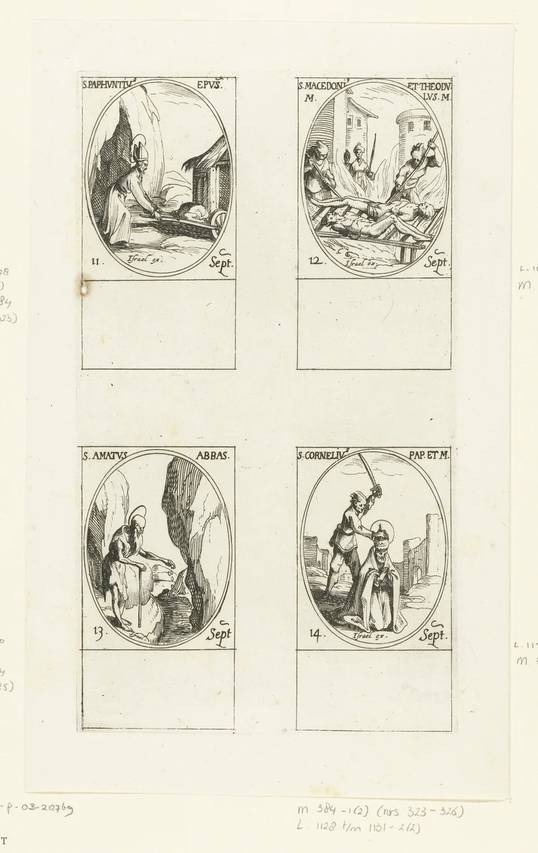Heilige Paphnutius de Grote van Egypte, Heilige Macedonius en Heilige Theodulus, Heilige Amatus van Sion, Heilige Cornelius (11-14 september) by Jacques Callot, print, 1632-1636