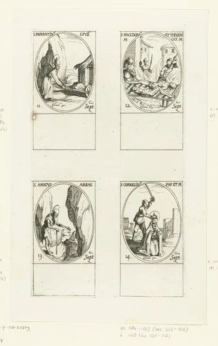 Heilige Paphnutius de Grote van Egypte, Heilige Macedonius en Heilige Theodulus, Heilige Amatus van Sion, Heilige Cornelius (11-14 september) by Jacques Callot, print, 1632-1636