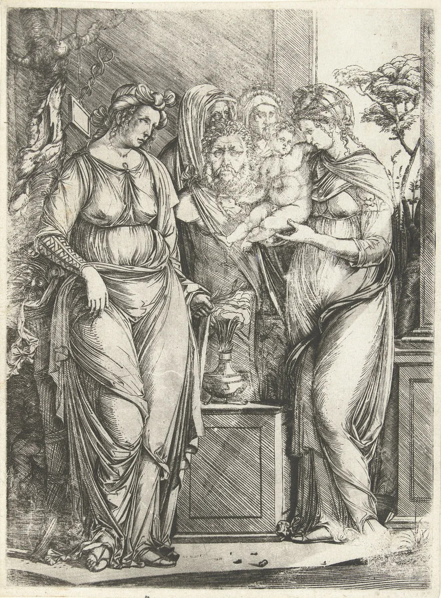 Vier vrouwen offeren jongen bij beeld van Priapus by Unknown, print, 1498-1502