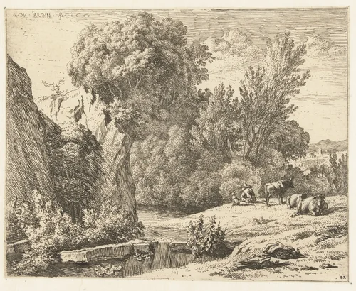 Landschap met herder en drie koeien by Karel du Jardin, print, 1660
