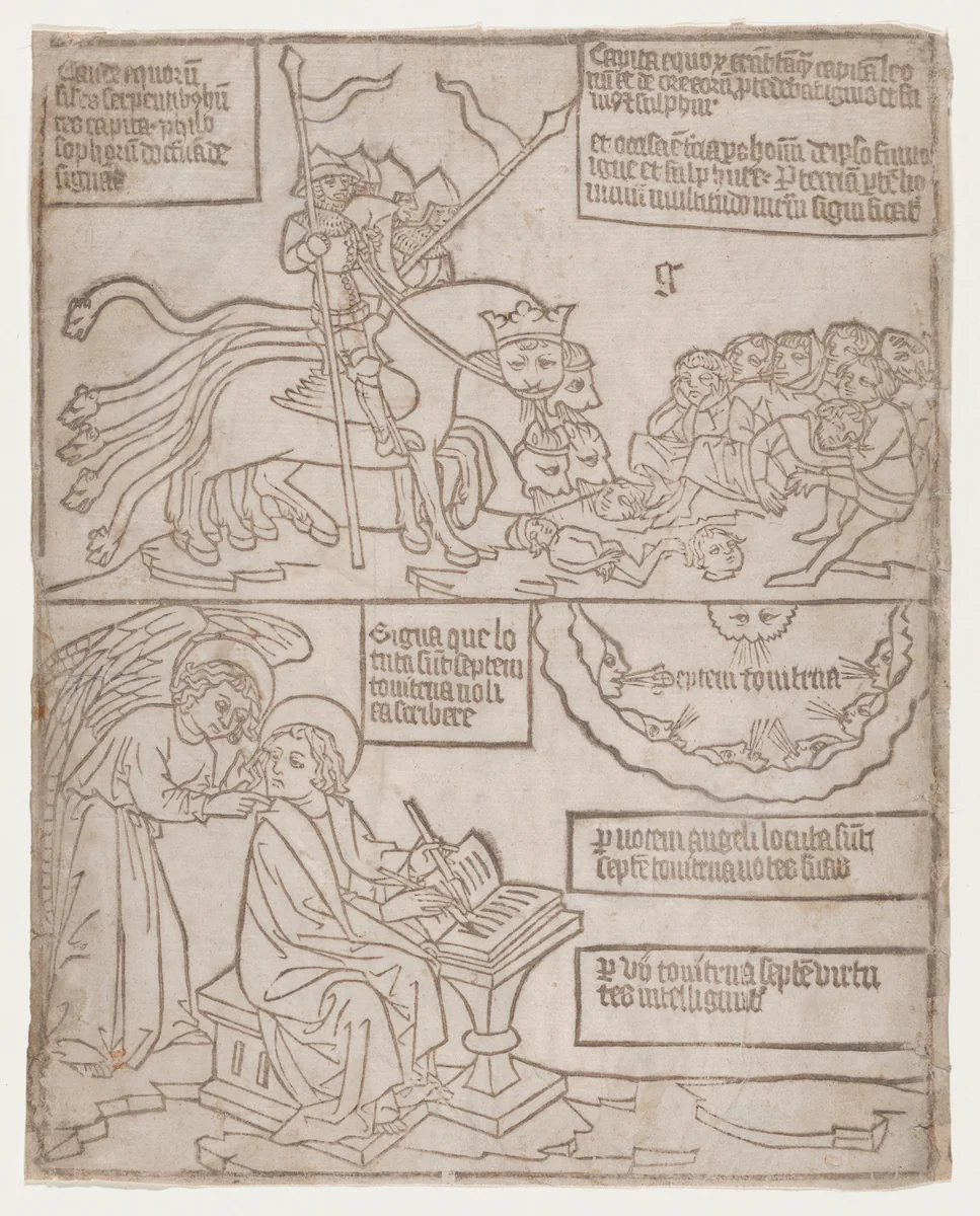 The Angels of the Euphrates Killing Mankind; and The Angel Preventing Saint John from Recording the Words of the Seven Thunders, from an "Apocalypse" blockbook, second edition by anonymous, print, 1440-1450