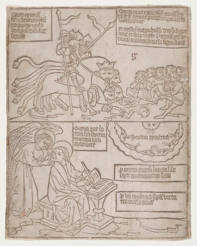 The Angels of the Euphrates Killing Mankind; and The Angel Preventing Saint John from Recording the Words of the Seven Thunders, from an "Apocalypse" blockbook, second edition by anonymous, print, 1440-1450