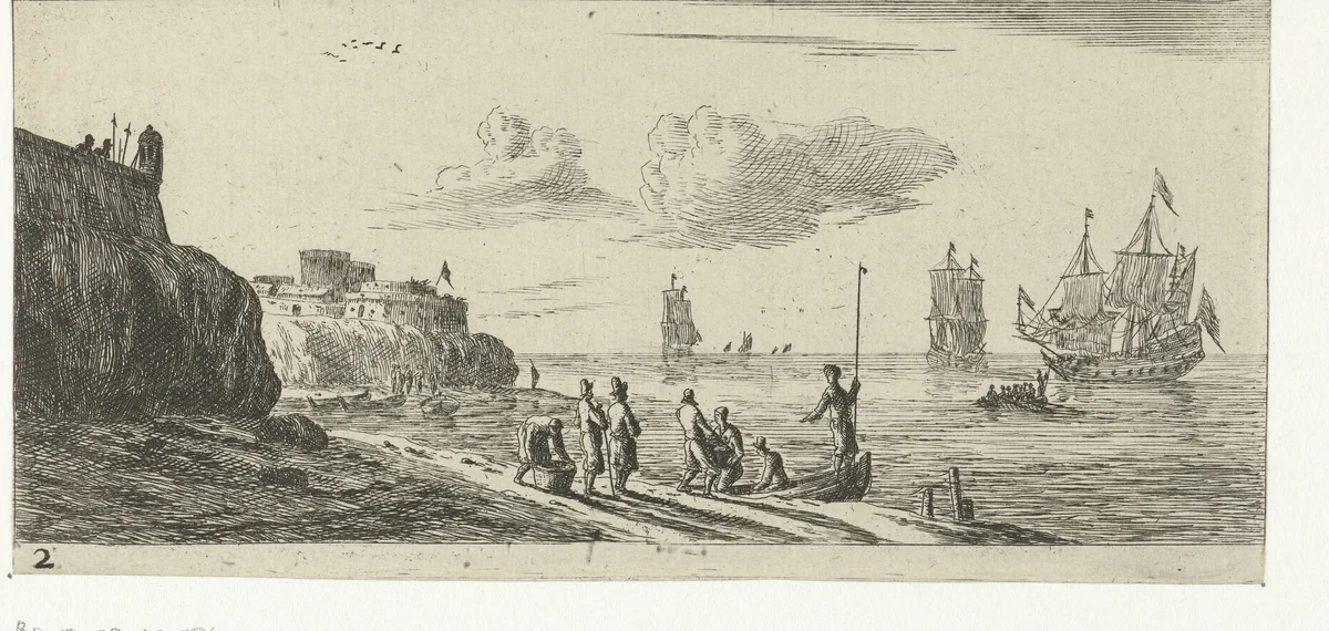 Zeegezicht met een vesting by Reinier Nooms, print, 1651-1652