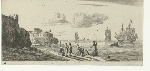 Zeegezicht met een vesting by Reinier Nooms, print, 1651-1652