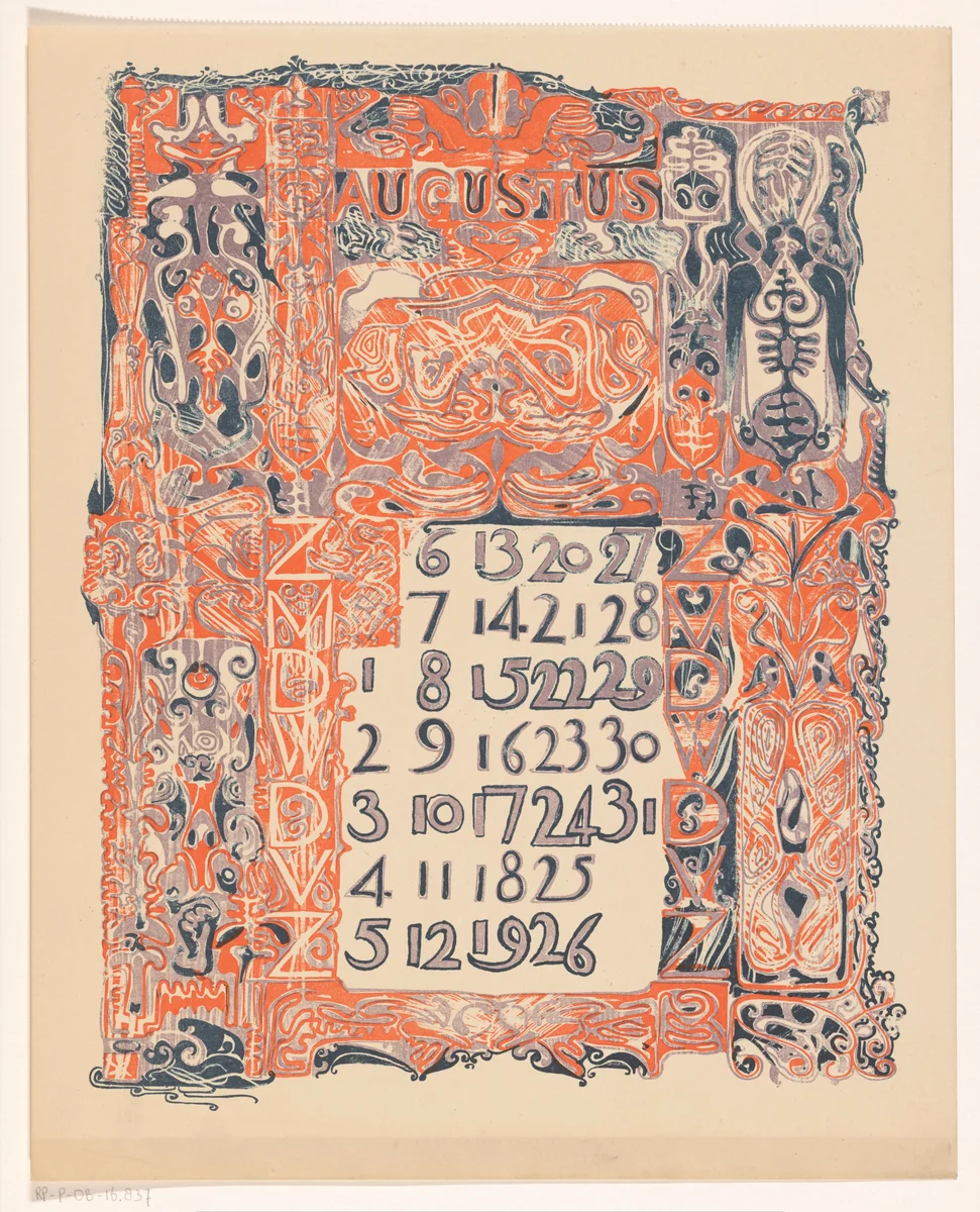 Kalenderblad augustus 1899 by Carel Adolph Lion Cachet, print, 1899