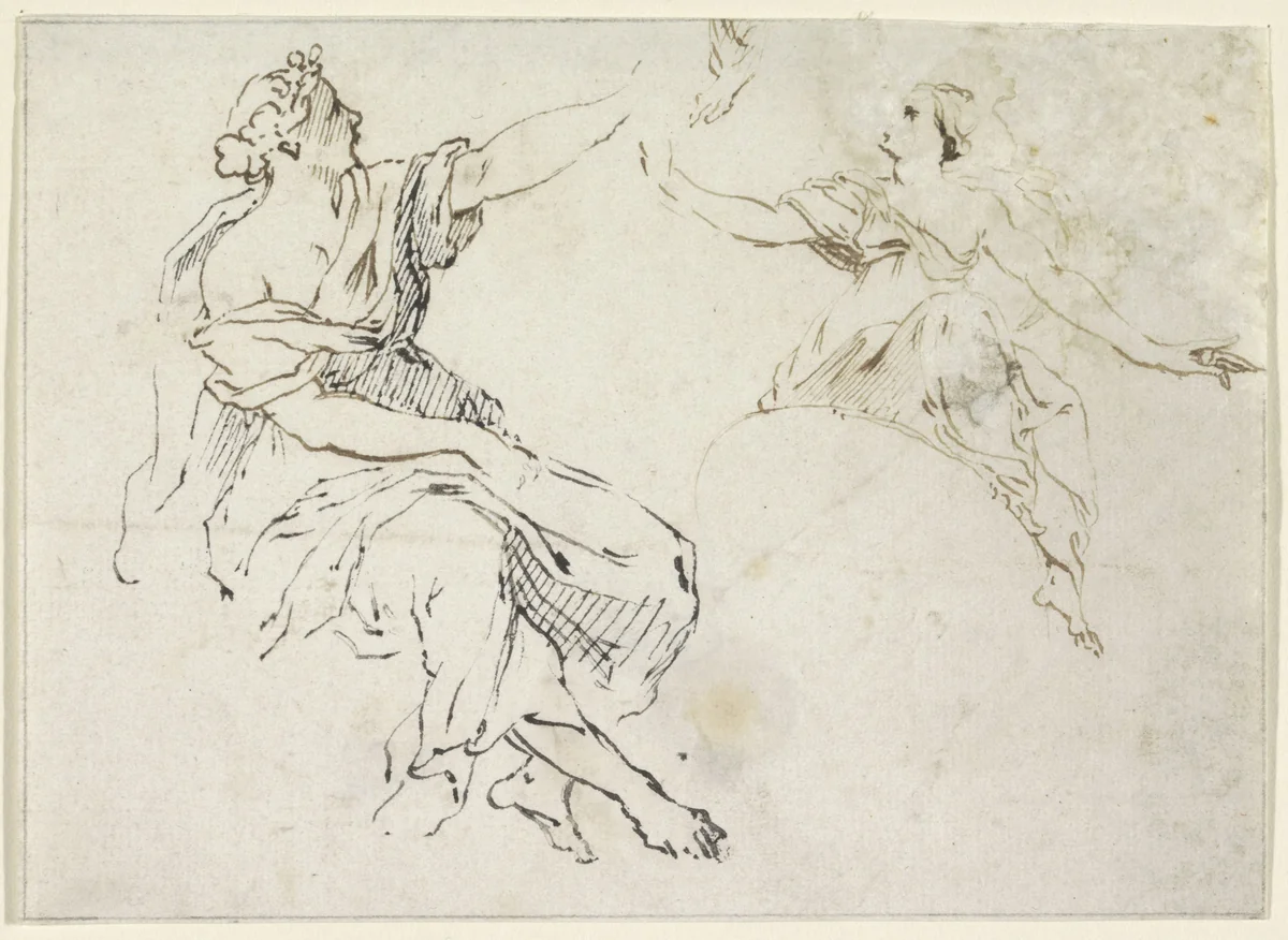Twee zittende vrouwen by anonymous, drawing, 1600-1800