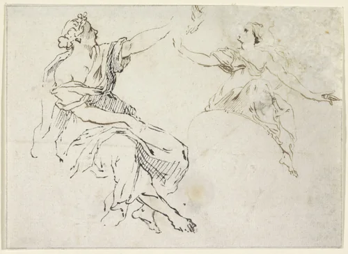 Twee zittende vrouwen by anonymous, drawing, 1600-1800