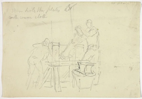 Two Men Working at a Machine by William Henry Pyne, drawing, 1789-1843