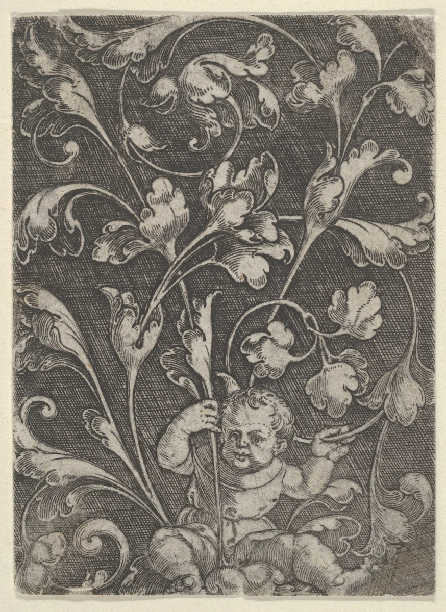 Vertical Panel with Tendrils Supported by a Seated Child by Heinrich Aldegrever, print, 1532