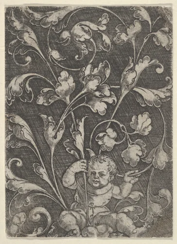 Vertical Panel with Tendrils Supported by a Seated Child by Heinrich Aldegrever, print, 1532