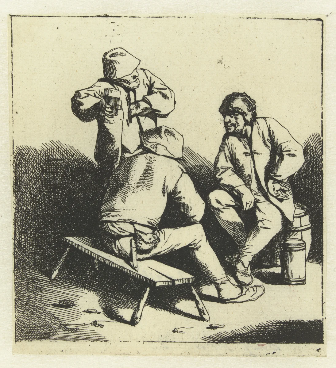 Drie drinkende mannen by Cornelis Pietersz. Bega, print, 1642-1664