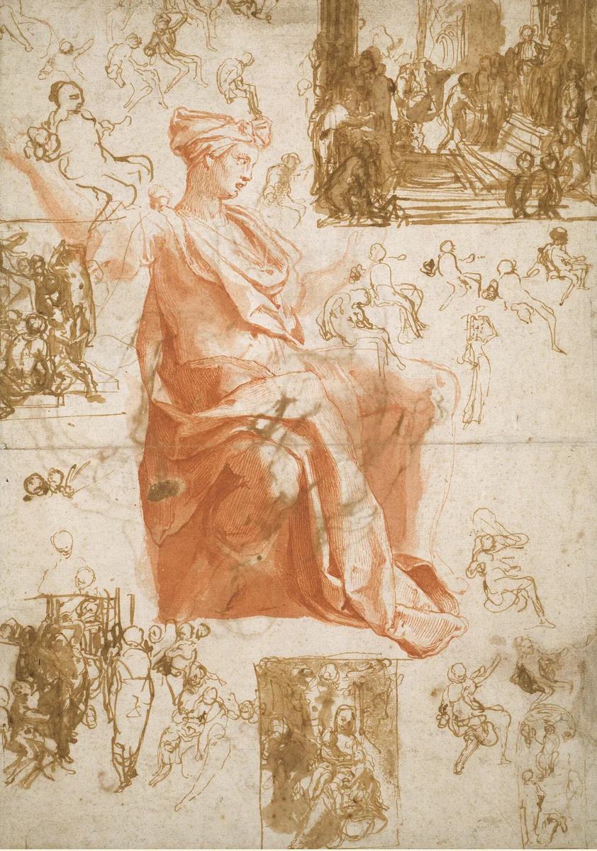 Sheet of Studies for the Blinding of Elymas, Sacrifice at Lystra, and a Holy Family by Taddeo Zuccaro, drawing, 1556-1560