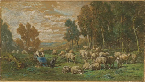 The Shepherdess by Charles Émile Jacque, drawing, 1869