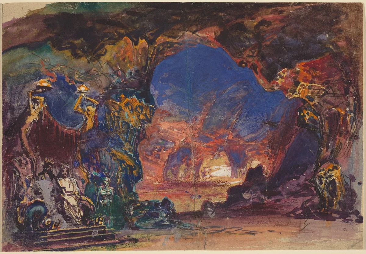 Underworld Scene with a Man and Woman Enthroned and Death Standing Guard by Robert Caney, drawing, 1552-1615