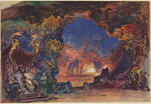 Underworld Scene with a Man and Woman Enthroned and Death Standing Guard by Robert Caney, drawing, 1552-1615