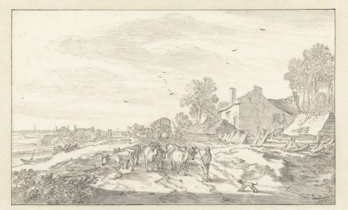 Herder met vee op een landweg by Pieter de Molijn, drawing, 1656