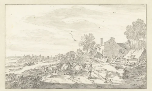 Herder met vee op een landweg by Pieter de Molijn, drawing, 1656