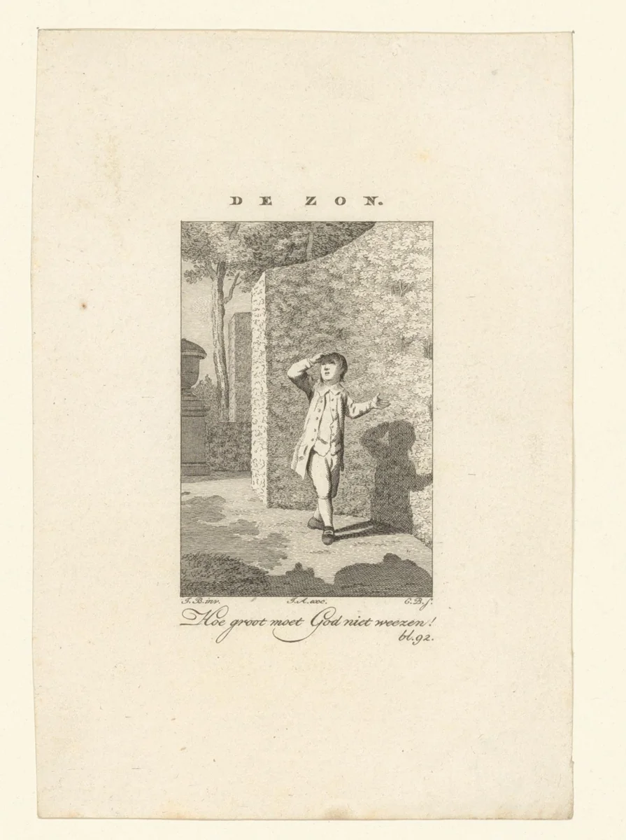 Kind kijkt naar de zon met een hand boven zijn ogen by anonymous, print, 1846