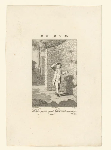 Kind kijkt naar de zon met een hand boven zijn ogen by anonymous, print, 1846