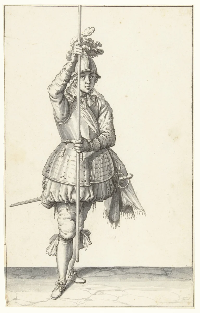 Soldaat, van voren gezien, die zijn spies met beide handen rechtop voor zich iets boven de grond vasthoudt by Jacques de Gheyn, drawing, 1596-1606